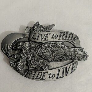 Vintage Biker Belt Buckle Live To Ride Screaming Eagle Banner 1981 Bergamot USA